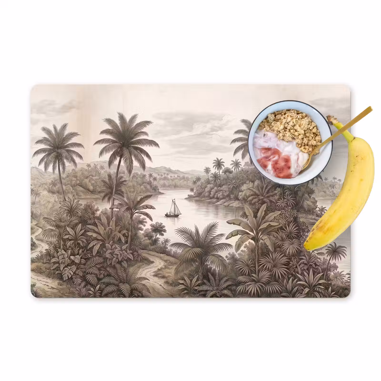 Placemat - 6 stuks - Landschap - Rivier - Boot - Tropisch - Vintage — 1