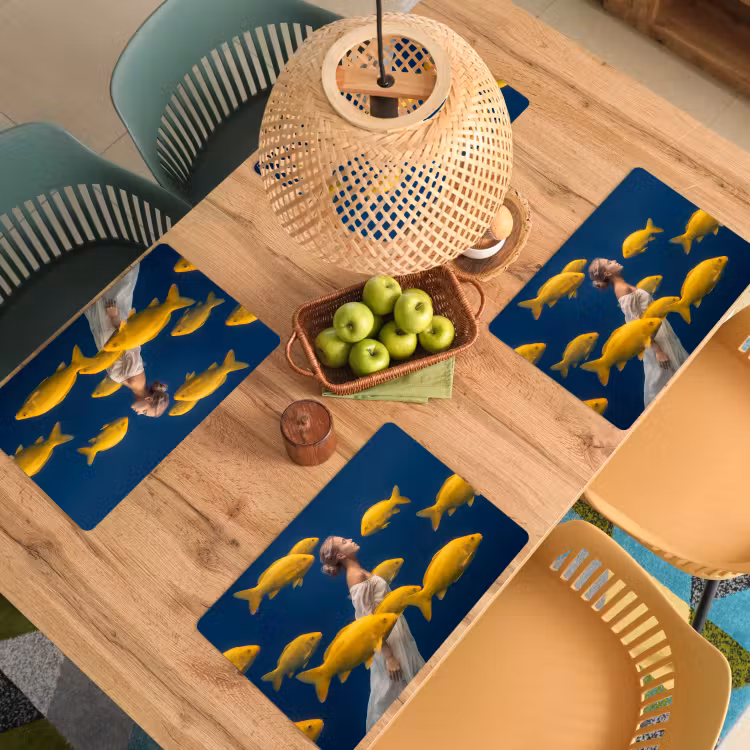Placemat - 6 stuks - Vrouw - Vis - Water - Natuur - Geel — 6