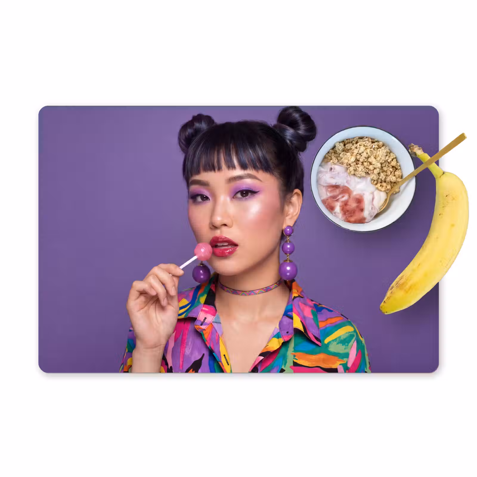 Placemat - 6 stuks - Vrouw - Portret - Make-up - Paars - Levendig — 1