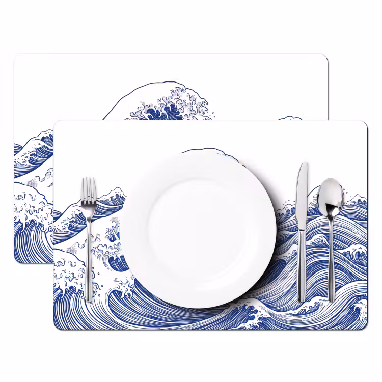 Placemat - 6 stuks - Golf - Japans - Zee - Illustratie - Blauw — 2