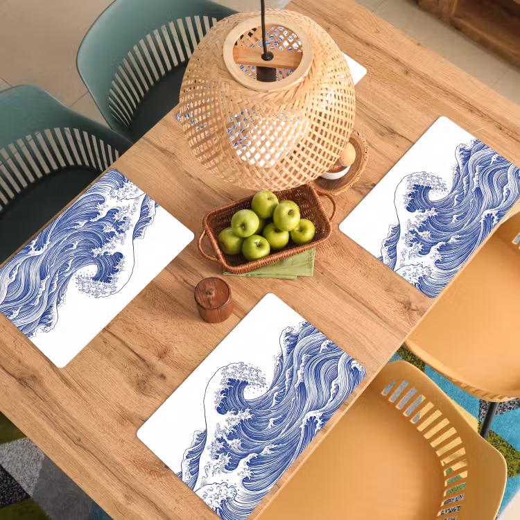 Placemat - 6 stuks - Golf - Japans - Zee - Illustratie - Blauw — 6
