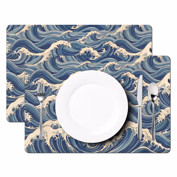 Placemat - 6 stuks - Golven - Zee - Natuur - Abstract - Blauw — 2