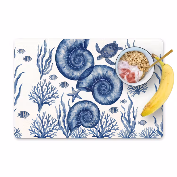 Placemat - 6 stuks - Schelp - Spiraal - Zeeleven - Aquarel - Blauw — 1