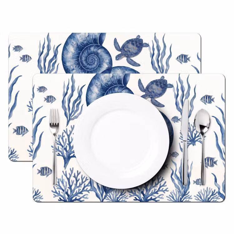 Placemat - 6 stuks - Schelp - Spiraal - Zeeleven - Aquarel - Blauw — 2