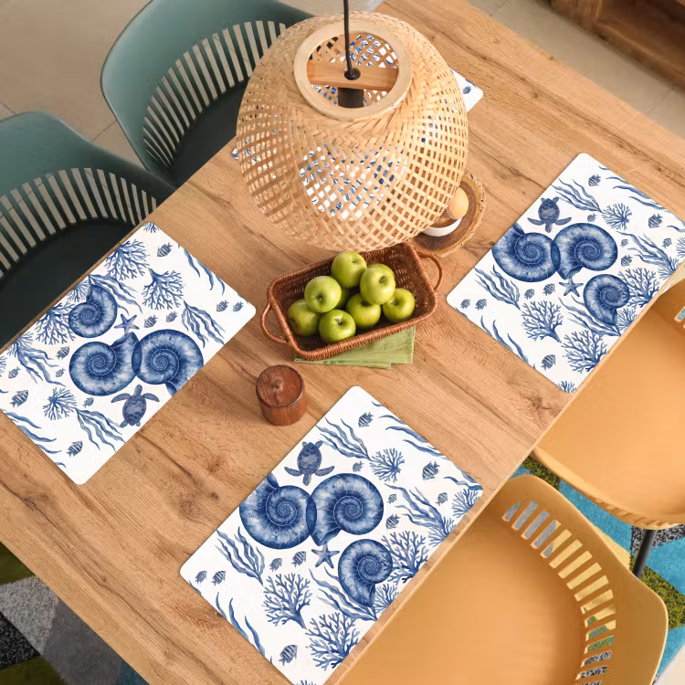 Placemat - 6 stuks - Schelp - Spiraal - Zeeleven - Aquarel - Blauw — 6