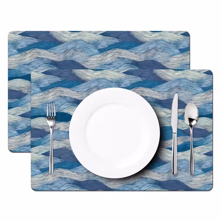 Placemat - 6 stuks - Getekend - Blauw - Wit - Golvend - Streepjes — 2