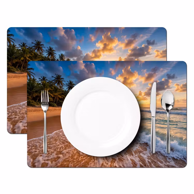Placemat - 6 stuks - Strand - Zonsondergang - Golven - Natuur - Goud — 2
