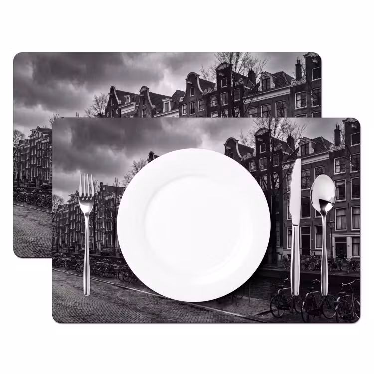 Placemat - 6 stuks - Huis - Gracht - Amsterdam - Architectuur - Zwart-wit — 2