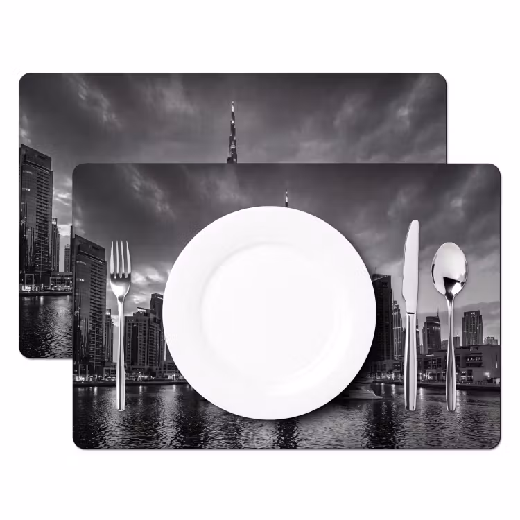 Placemat - 6 stuks - Stad - Skyline - Architectuur - Avond - Zwart-wit — 2