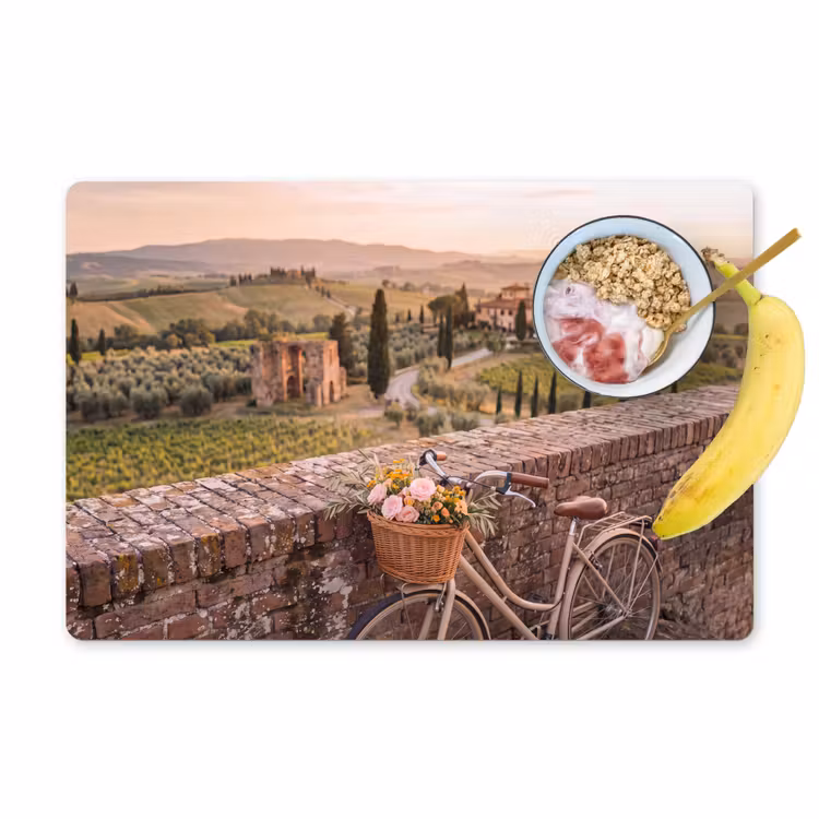 Placemat - 6 stuks - Fiets - Bloemen - Toscane - Landschap - Roze — 1