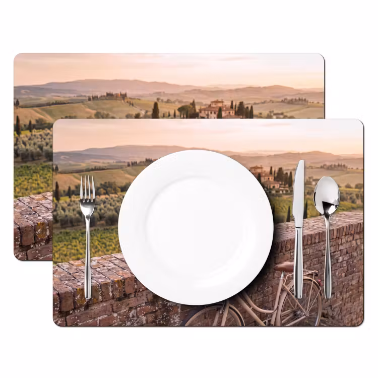 Placemat - 6 stuks - Fiets - Bloemen - Toscane - Landschap - Roze — 2