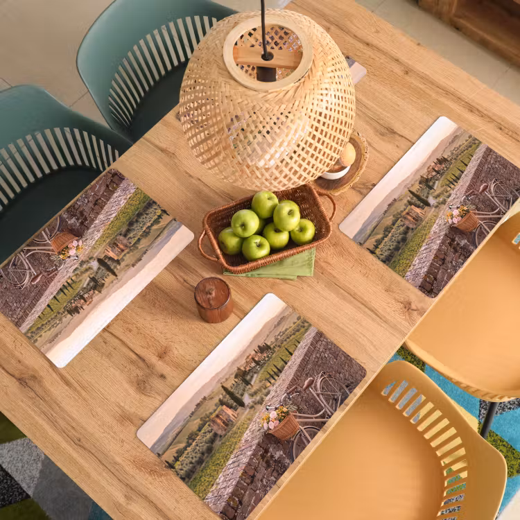 Placemat - 6 stuks - Fiets - Bloemen - Toscane - Landschap - Roze — 6