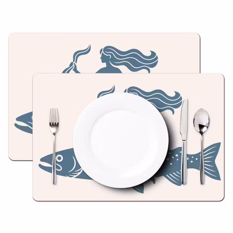 Placemat - 6 stuks - Vrouw - Vis - Fantasie - Abstract - Blauw — 2