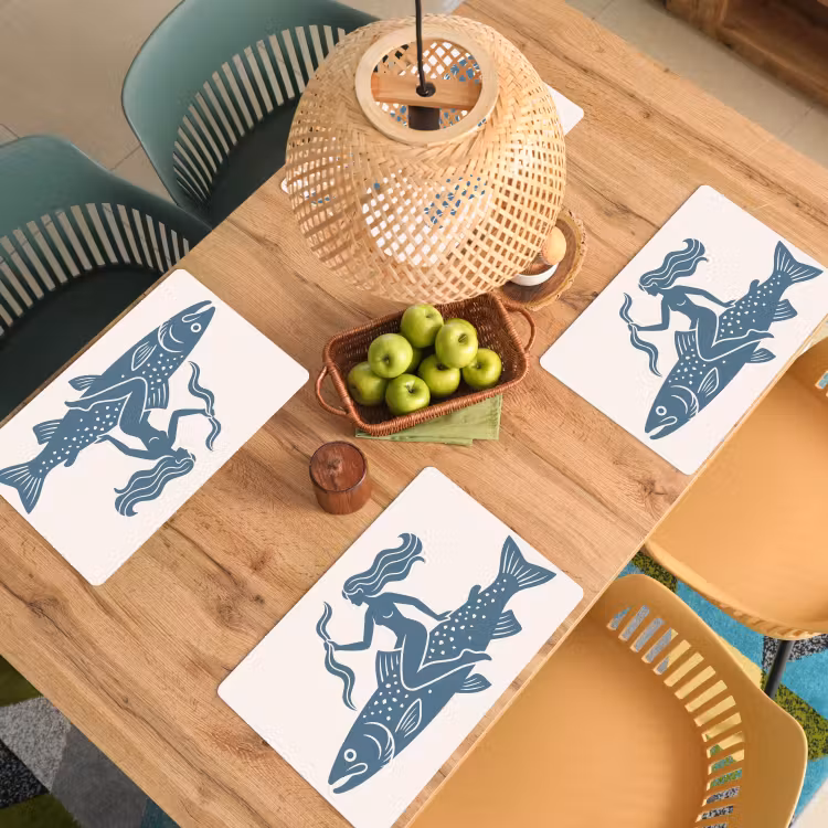 Placemat - 6 stuks - Vrouw - Vis - Fantasie - Abstract - Blauw — 6