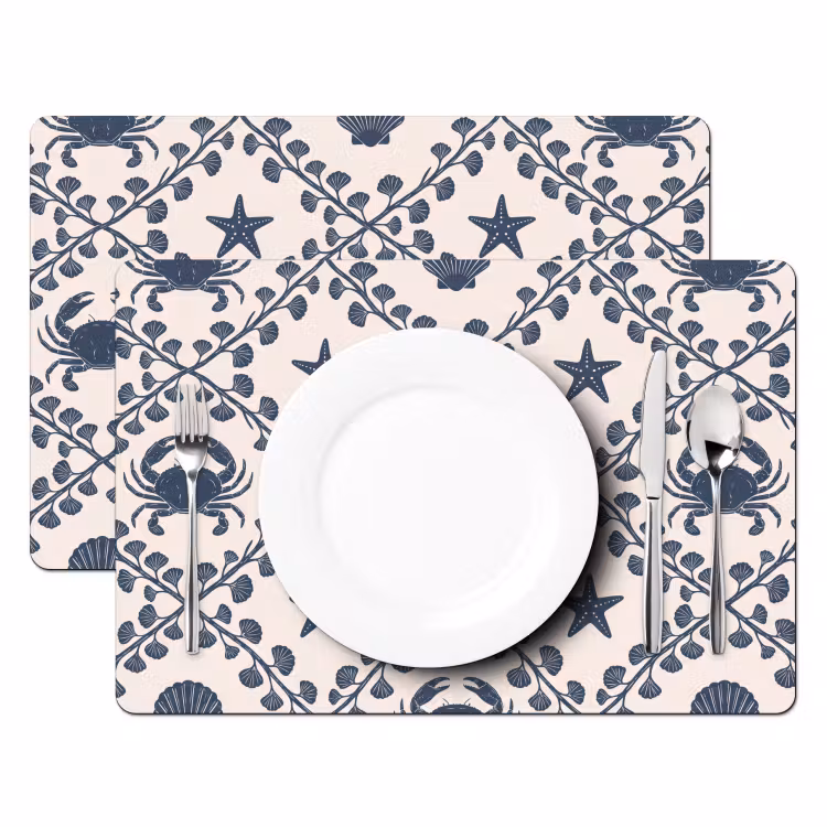 Placemat - 6 stuks - Zee - Krab - Zeester - Patroon - Blauw — 2