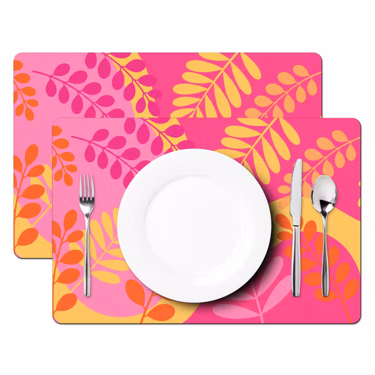 Placemat - 6 stuks - Natuur - Bladeren - Abstract - Roze - Geel — 2