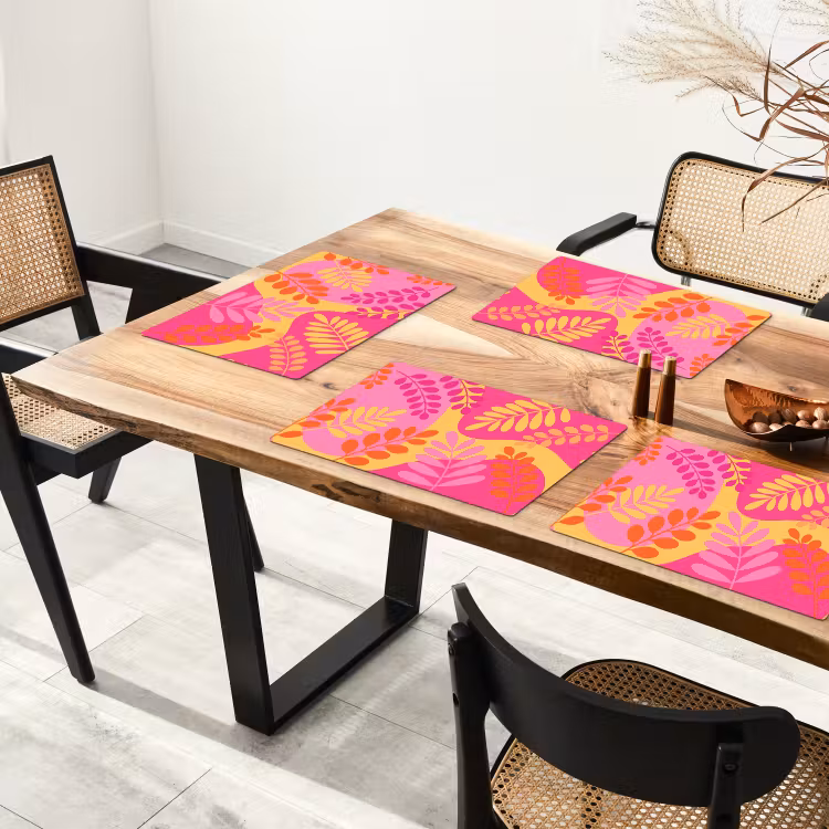 Placemat - 6 stuks - Natuur - Bladeren - Abstract - Roze - Geel — 5