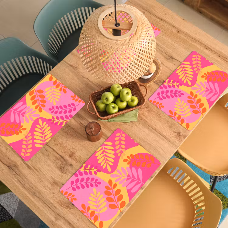 Placemat - 6 stuks - Natuur - Bladeren - Abstract - Roze - Geel — 6