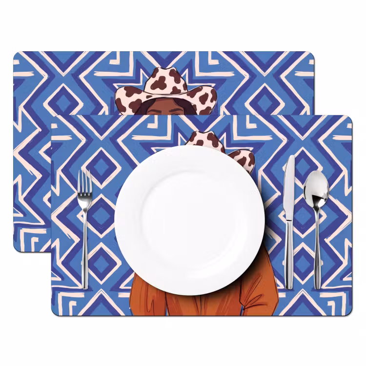 Placemat - 6 stuks - Vrouw - Cowboyhoed - Portret - Modern - Blauw — 2