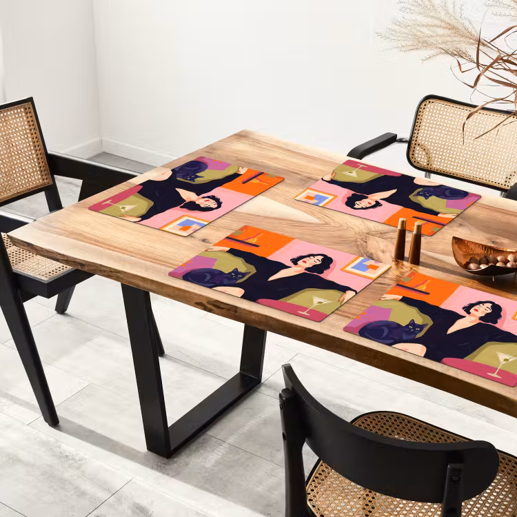 Placemat - 6 stuks - Vrouw - Kat - Interieur - Modern - Kleurrijk — 5