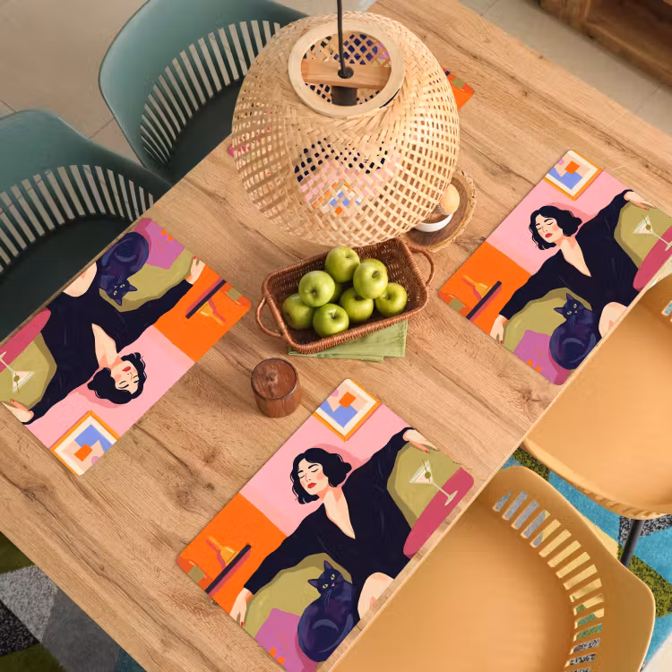Placemat - 6 stuks - Vrouw - Kat - Interieur - Modern - Kleurrijk — 6