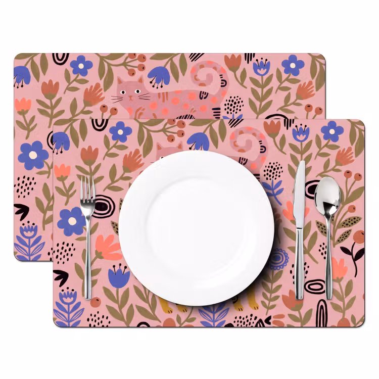 Placemat - 6 stuks - Kat - Bloemen - Dieren - Modern - Roze — 2