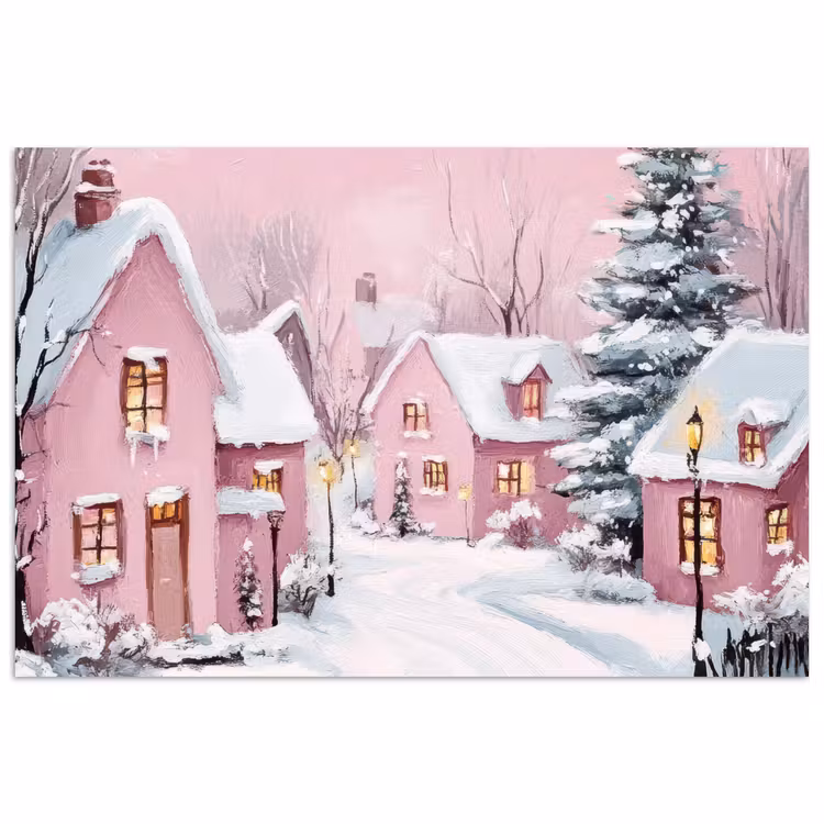Poster - Kerstdorp - Roze - Winter - Sneeuw - Huizen — 1