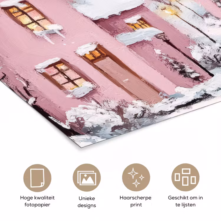 Poster - Kerstdorp - Roze - Winter - Sneeuw - Huizen — 5