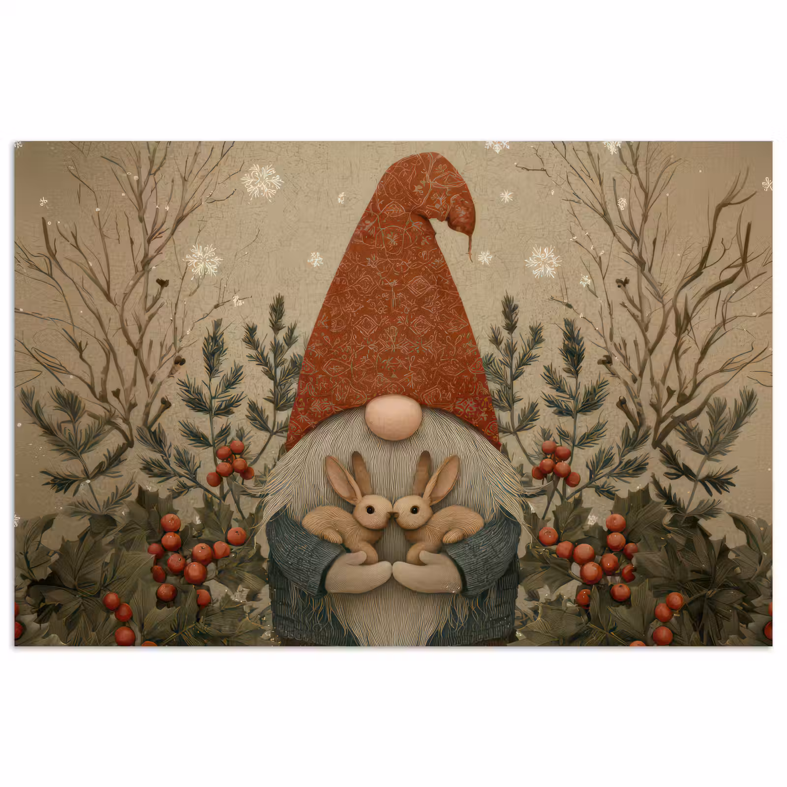 Poster - Kerstgnome - Konijntjes - Kleurrijk — 1