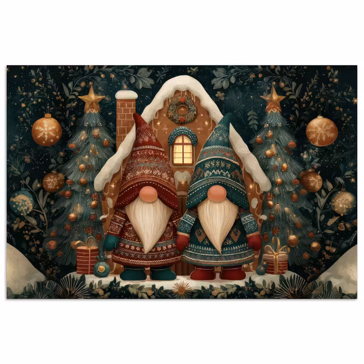 Poster - Kerst - Gnomen - Peperkoekhuisje - Rood - Groen — 1