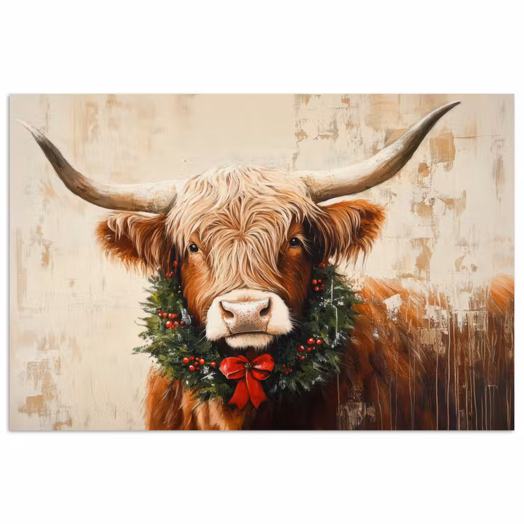 Poster - Kerst - Schotse Hooglander - Bruin - Krans — 1