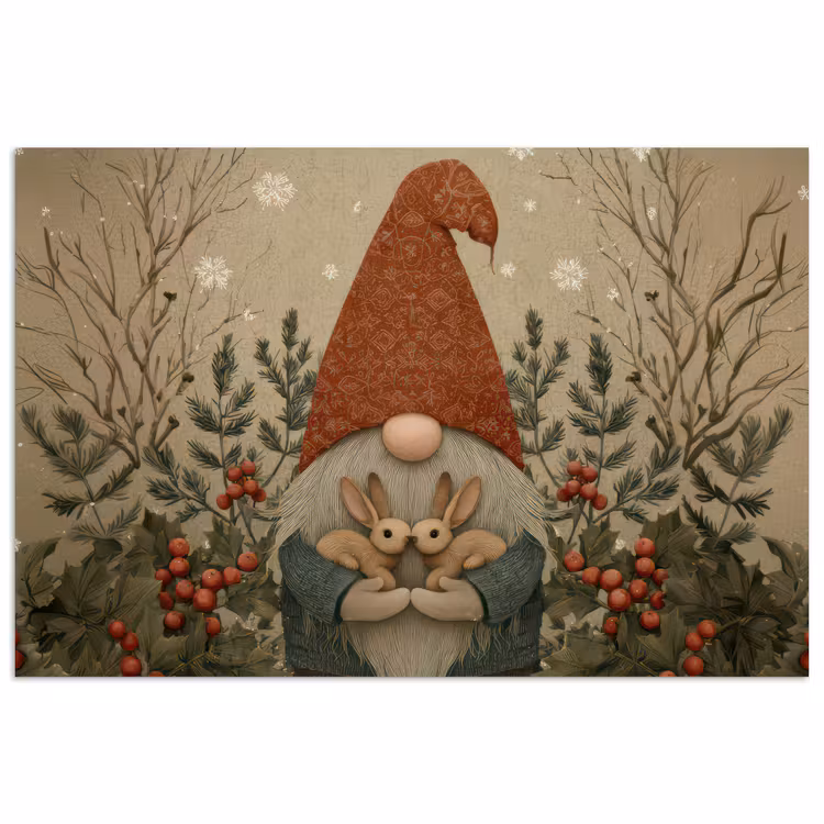 Poster - Kerstgnome - Konijntjes - Kleurrijk — 1