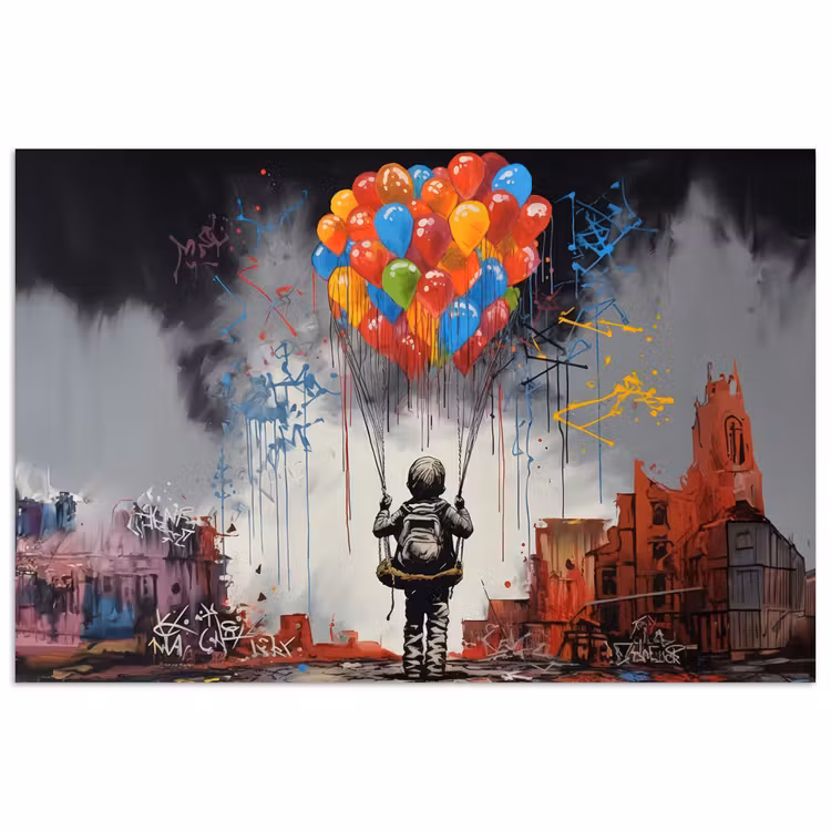 Poster - Jongen - Ballonnen - Gebouwen - Kunst — 1