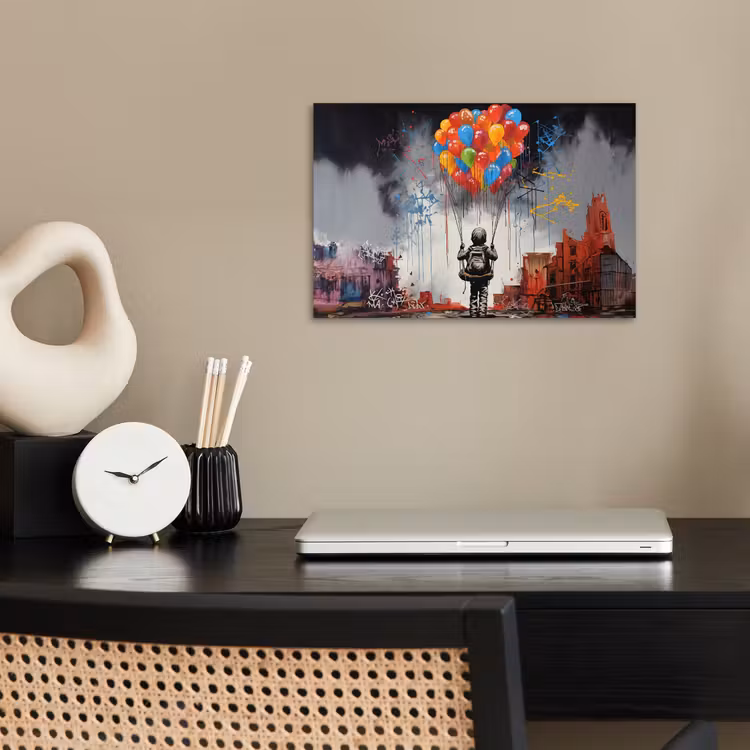 Poster - Jongen - Ballonnen - Gebouwen - Kunst — 2