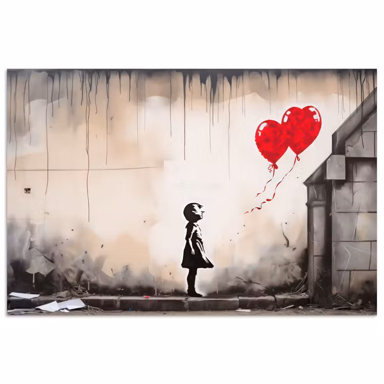 Poster - Kunst - Meisje - Ballonnen - Hart - Grijs — 1