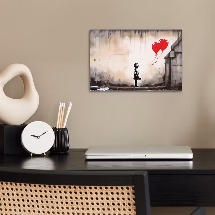 Poster - Kunst - Meisje - Ballonnen - Hart - Grijs — 2