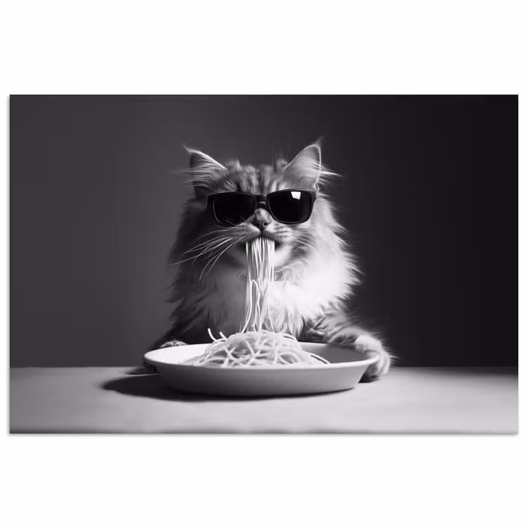 Poster - Langharige kat - Zonnebril - Spaghetti - Humor - Zwart - wit — 1