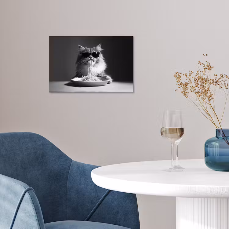 Poster - Langharige kat - Zonnebril - Spaghetti - Humor - Zwart - wit — 4