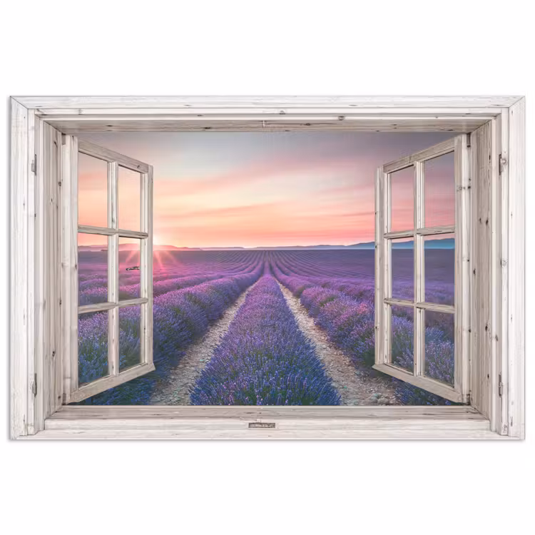 Poster - Doorkijk - Lavendel - Bloemen - Hout - Zonsondergang - Paars — 1