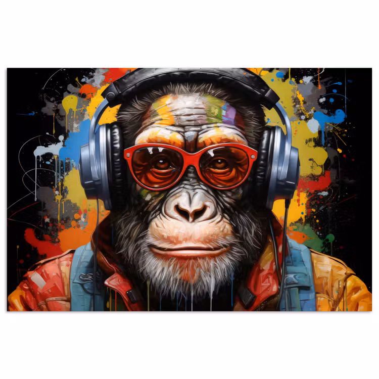 Poster - Chimpansee - Aap - dieren - Graffiti - Bril - Koptelefoon - Kleuren — 1