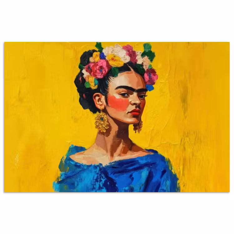 Poster - Frida Kahlo - Vrouw - Geel - Blauw - Bloemen — 1