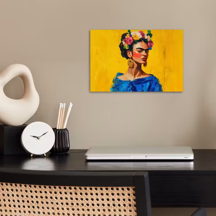 Poster - Frida Kahlo - Vrouw - Geel - Blauw - Bloemen — 2