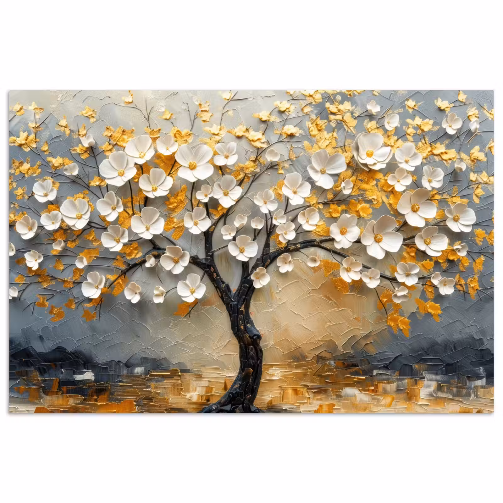 Poster - Boom - Bloemen - Goud - Beige — 1