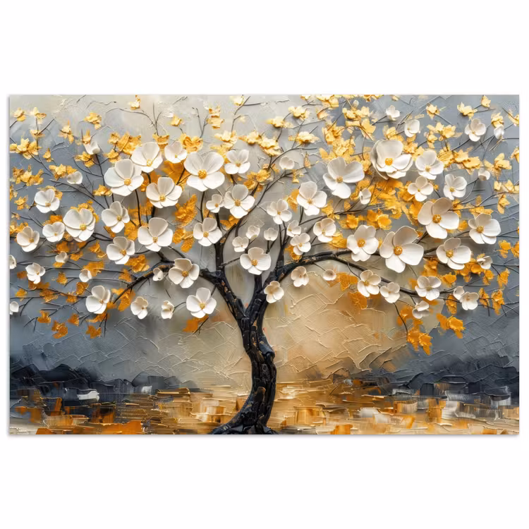 Poster - Boom - Bloemen - Goud - Beige — 1
