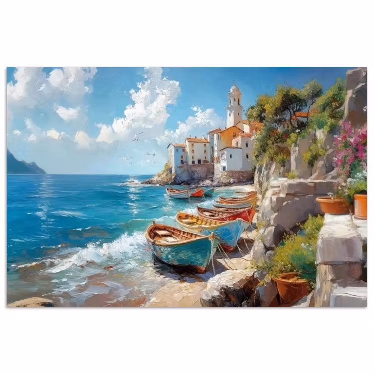 Poster - Boten - Rotsen - Zee - Zon — 1