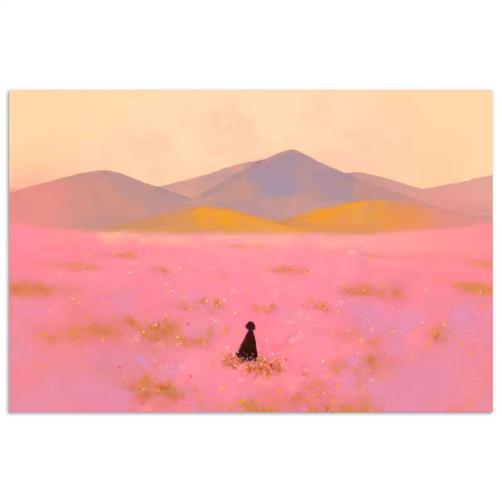 Poster - Bloemenweide - Heuvels - Silhouet - Roze — 1
