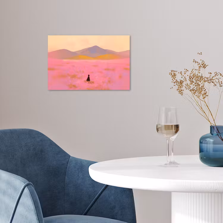 Poster - Bloemenweide - Heuvels - Silhouet - Roze — 4