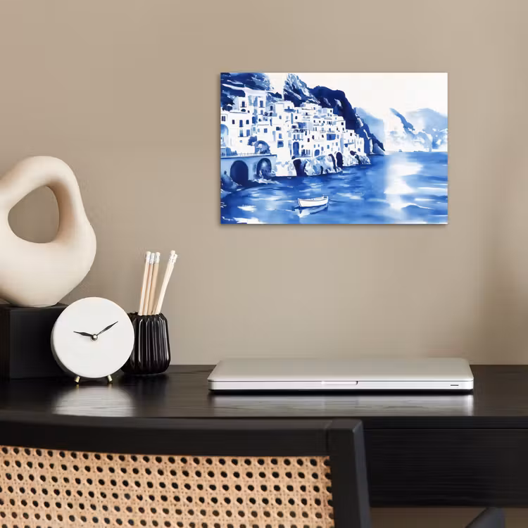 Poster - Dorp - Rotswand - Roeiboot - Water — 2