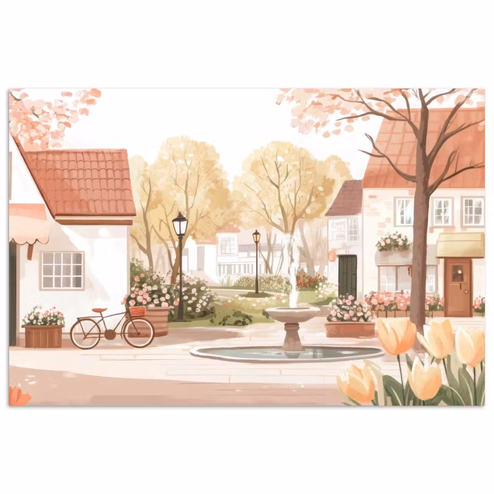 Poster - Dorpsplein - Fontein - Tulpen — 1