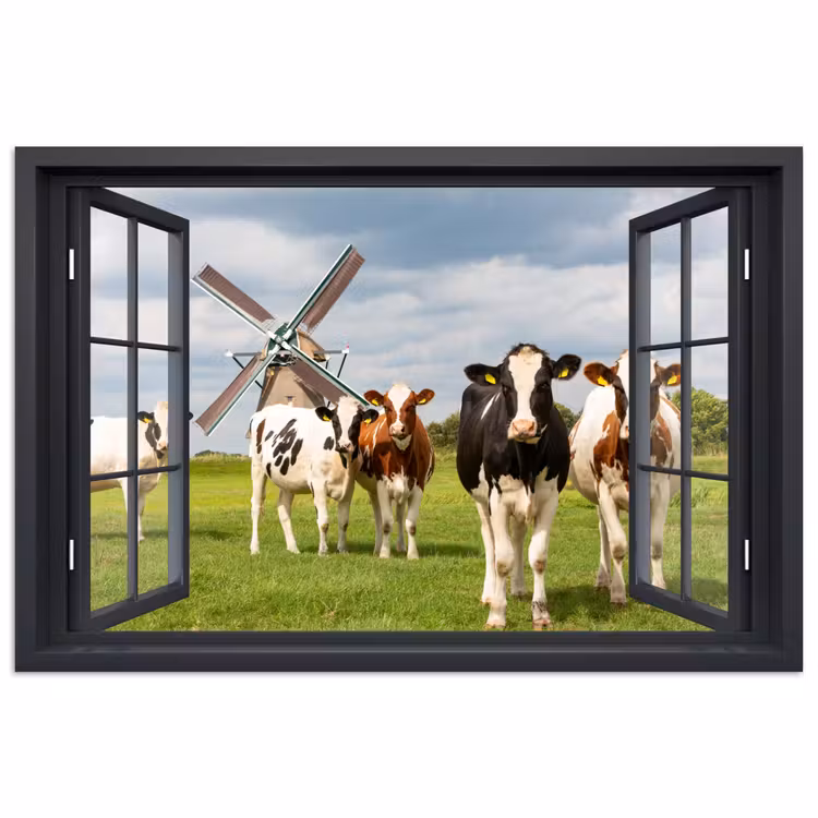 Poster - Doorkijk - Koe - Molen - Koeien - Weiland - Gras - Groen — 1